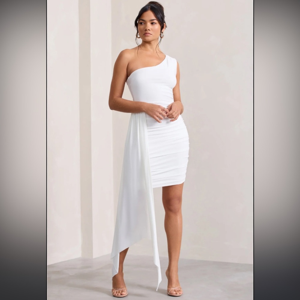 Club L London “Charlie” White One Shoulder Ruched Mini dress with drape